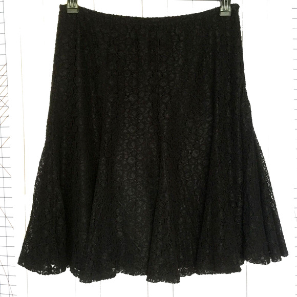 Black Lace Overlay Skirt Size 14 Lined Gypsy Boho Godet Hem Elastic Waist Zip - Picture 1 of 5